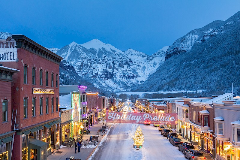 Main Street Telluride decorated for Holidays